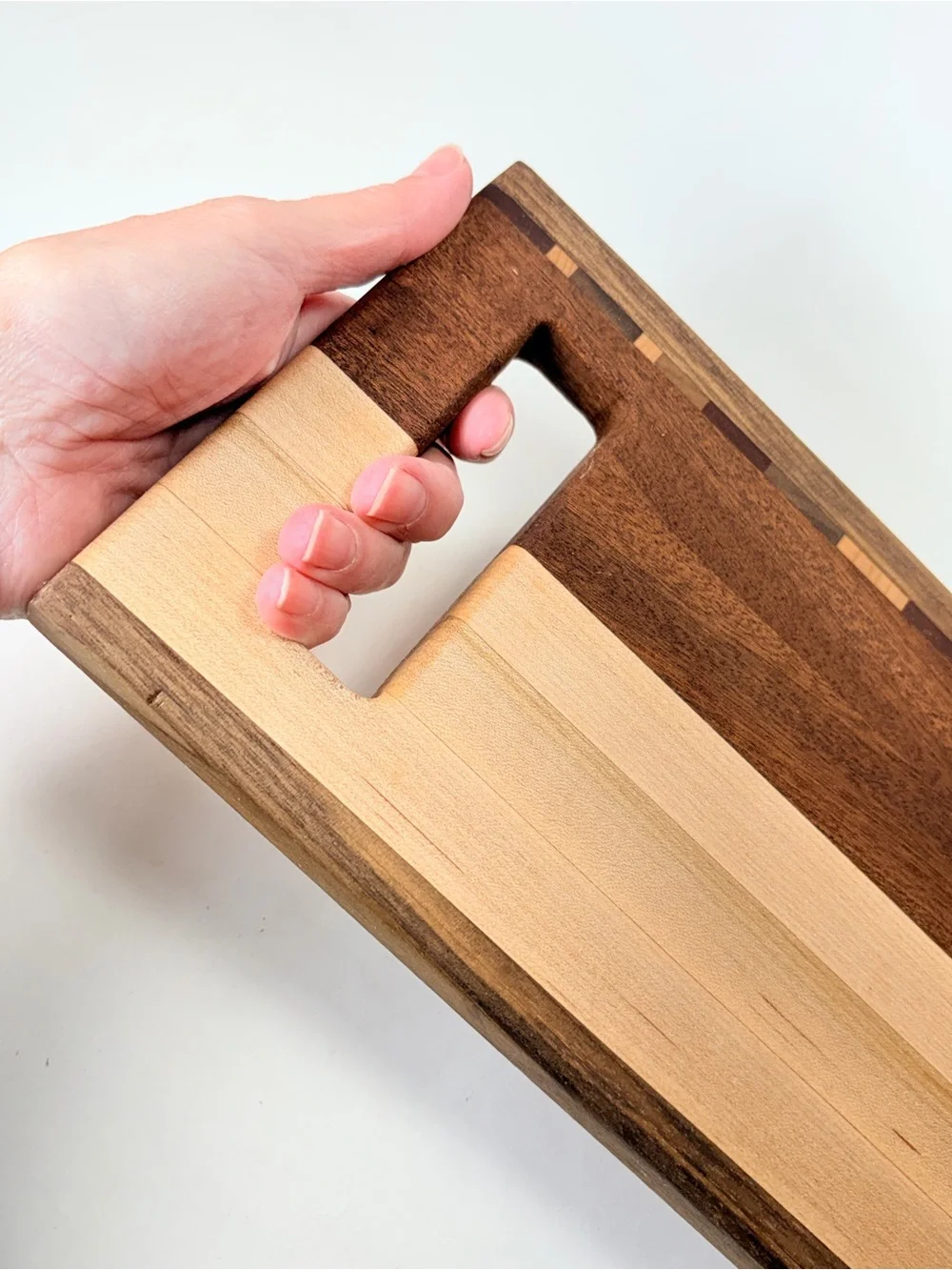 Wood Serving or Cutting Board with Built-In Handle Muilti Tone Wood Inlay